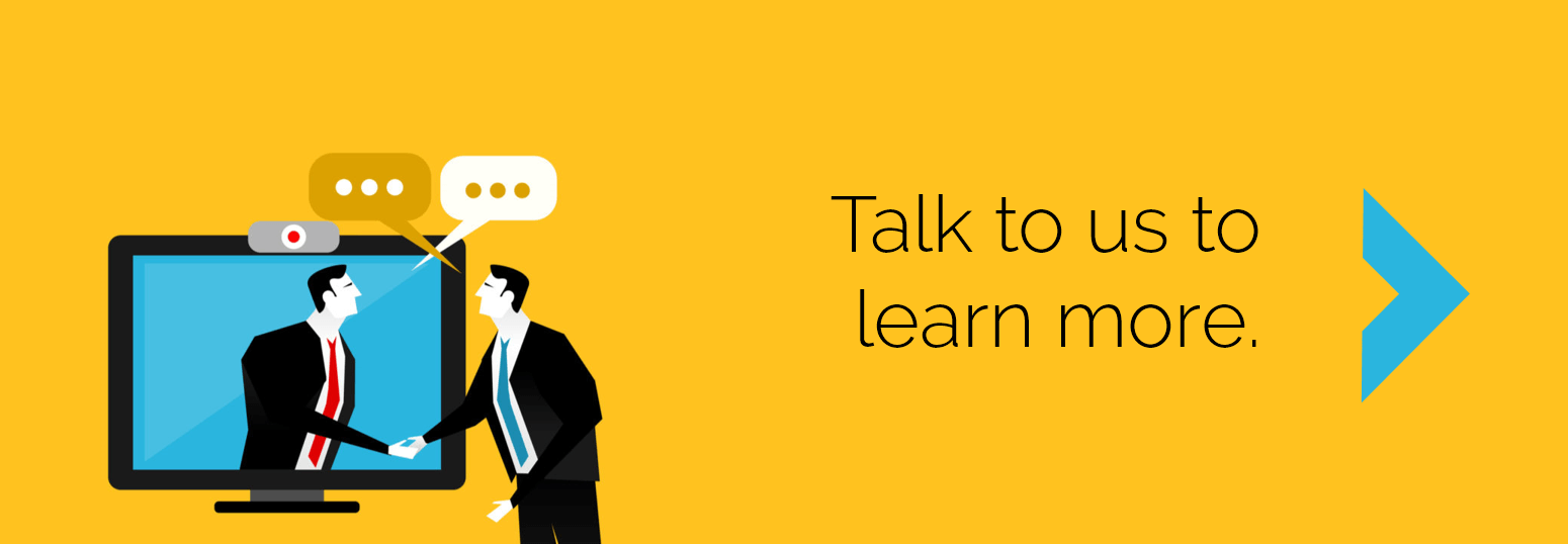 Talk to us to learn more. yellow background stylized image of 2 men in business suits shaking hands across a computer monitor to signify a web meeting.