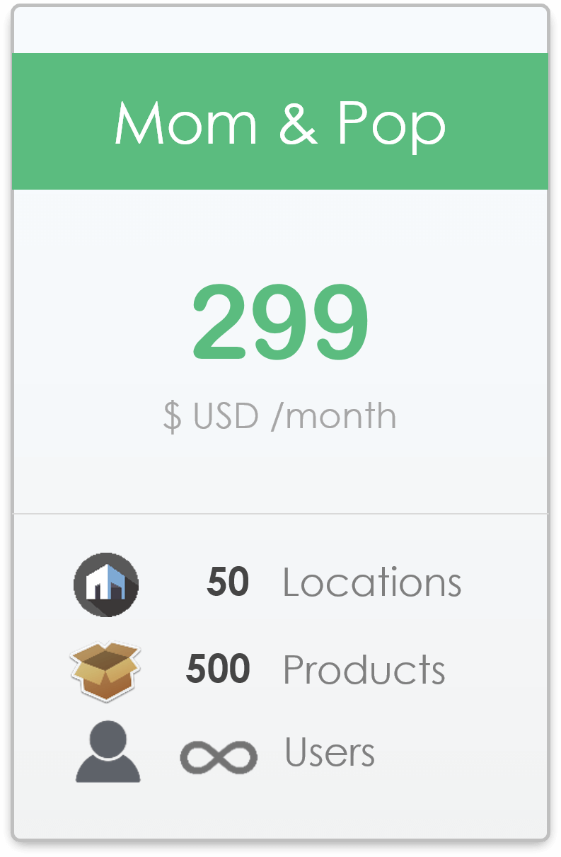 pricing plan for CyberStockroom Inventory Management Software - Mom and Pop level, up to 100 locations, up to 5,000 products, unlimited users.