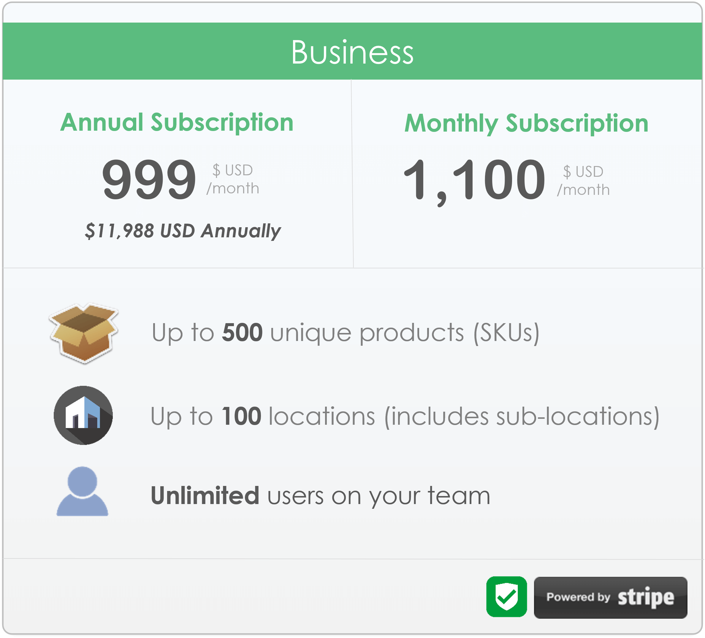 pricing plan for CyberStockroom Inventory Management Software - Business level, up to 500 products, up to 100 locations, unlimited users.
