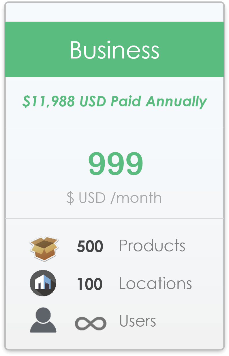 pricing plan for CyberStockroom Inventory Management Software - Business level, up to 500 products, up to 100 locations, unlimited users.