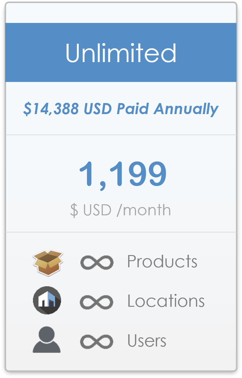 pricing plan for CyberStockroom Inventory Management Software - unlimited locations, unlimited products, unlimited users.