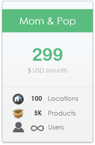 pricing plan for CyberStockroom Inventory Management Software - Mom and Pop level, up to 100 locations, up to 5,000 products, unlimited users.