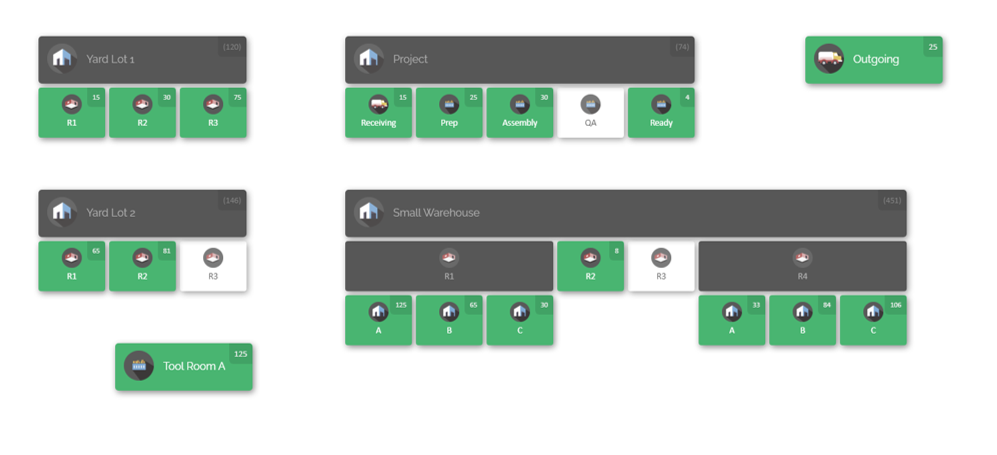Cloud-based inventory mapping layout of yard lots, small warehouse, and project assembly areas with multi-location tracking.
