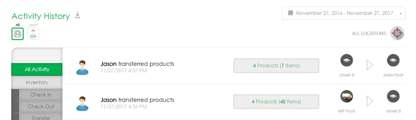 CyberStockroom inventory activity history showing product transfers between job site locations with user tracking and timestamps