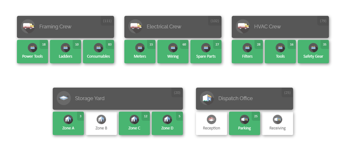 Detailed construction crew inventory map by CyberStockroom including framing, electrical, HVAC teams, storage yard, and dispatch office