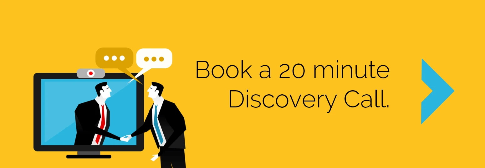 book a 20 minute discovery call with CyberStockroom. yellow background stylized image of 2 men in business suits shaking hands across a computer monitor to signify a web meeting.