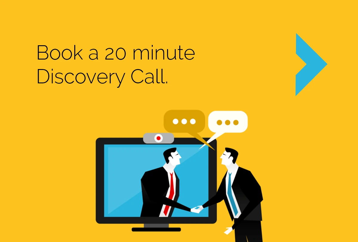 book a 20 minute discovery call with CyberStockroom. yellow background stylized image of 2 men in business suits shaking hands across a computer monitor to signify a web meeting.
