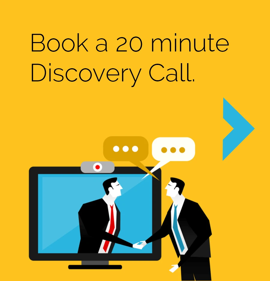 book a 20 minute discovery call with CyberStockroom. yellow background stylized image of 2 men in business suits shaking hands across a computer monitor to signify a web meeting.